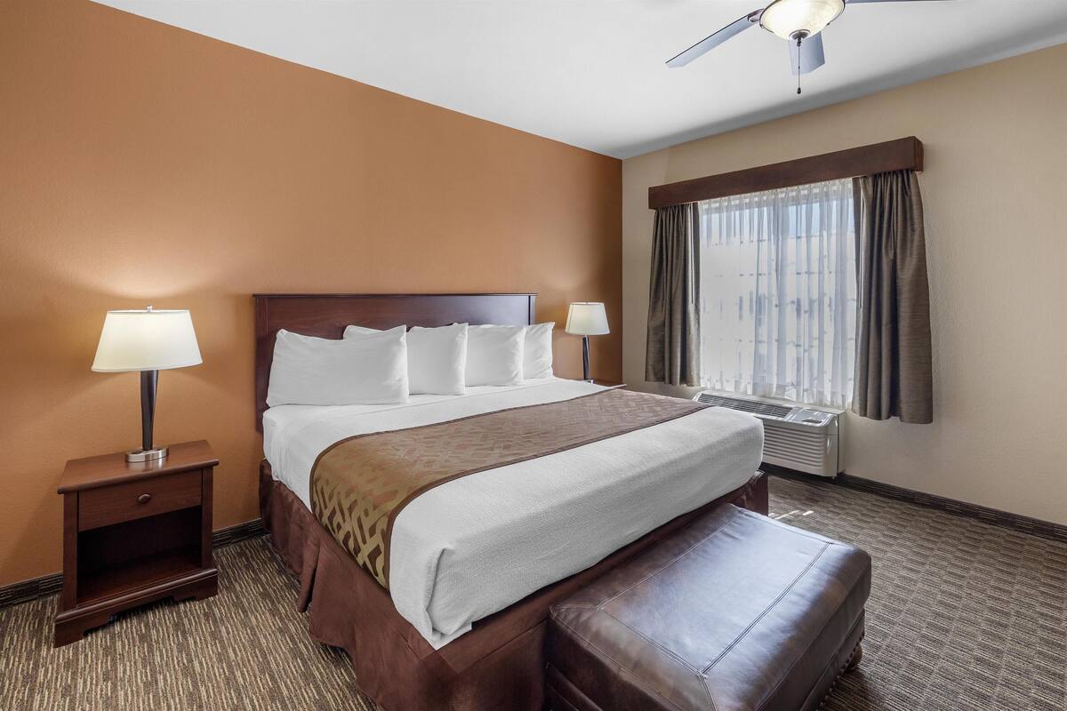 A hotel room with a large bed, two bedside lamps, a window with curtains, and a ceiling fan.