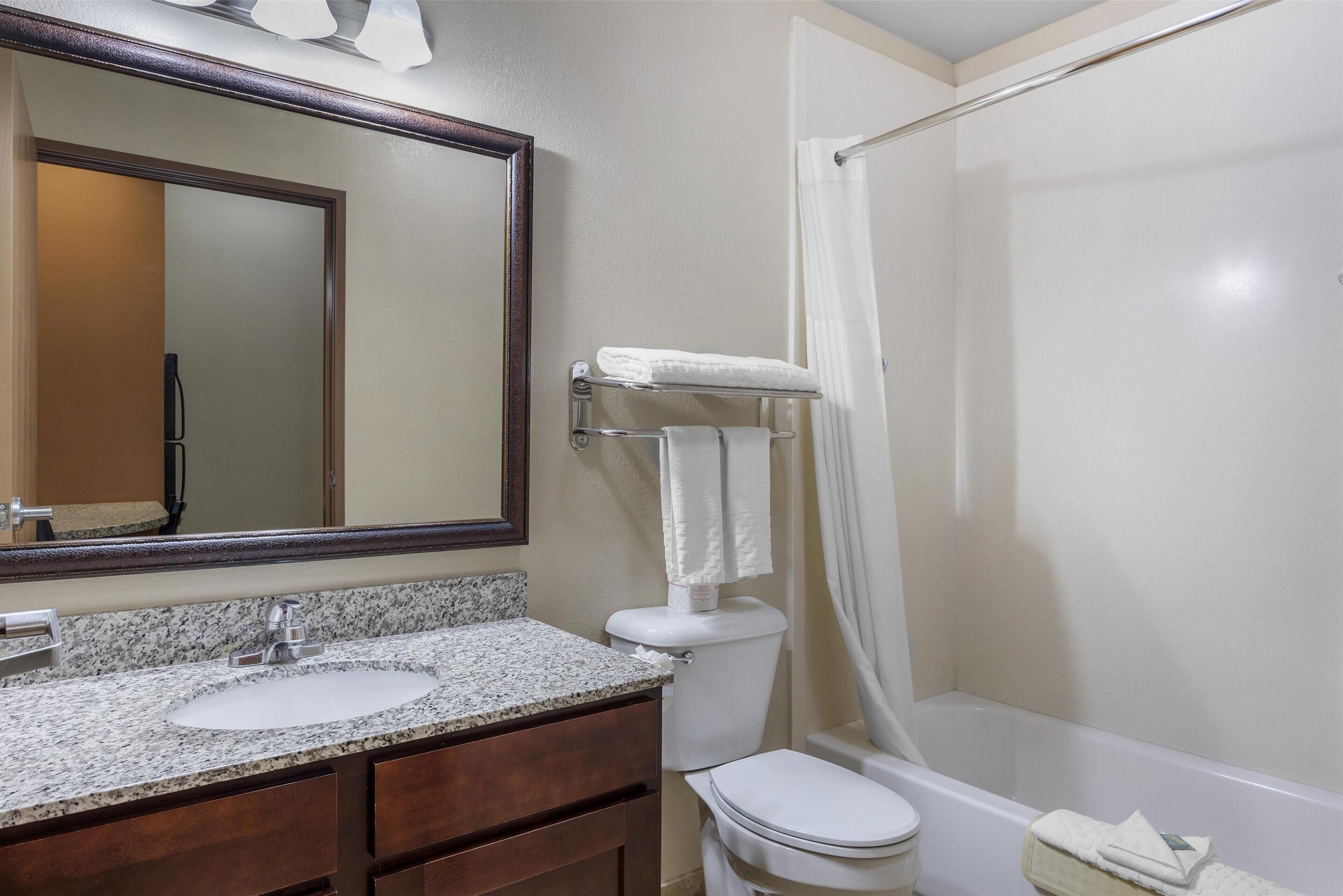 combined shower/bathtub, free toiletries, hair dryer, towels