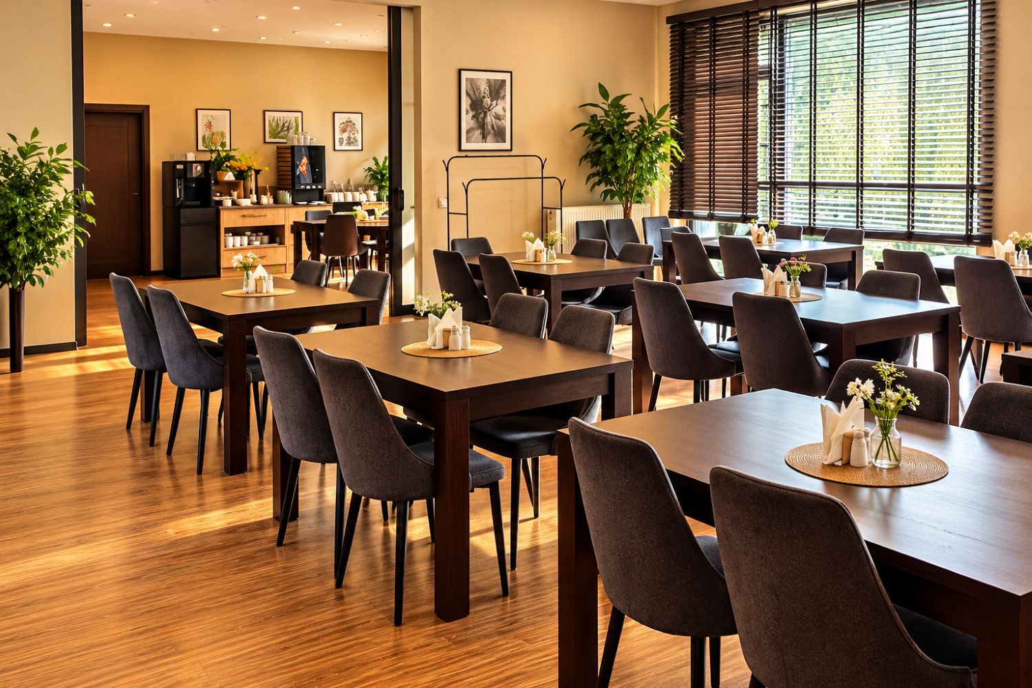 Un comedor de hotel con varias mesas y sillas, una máquina de café y obras de arte en las paredes.