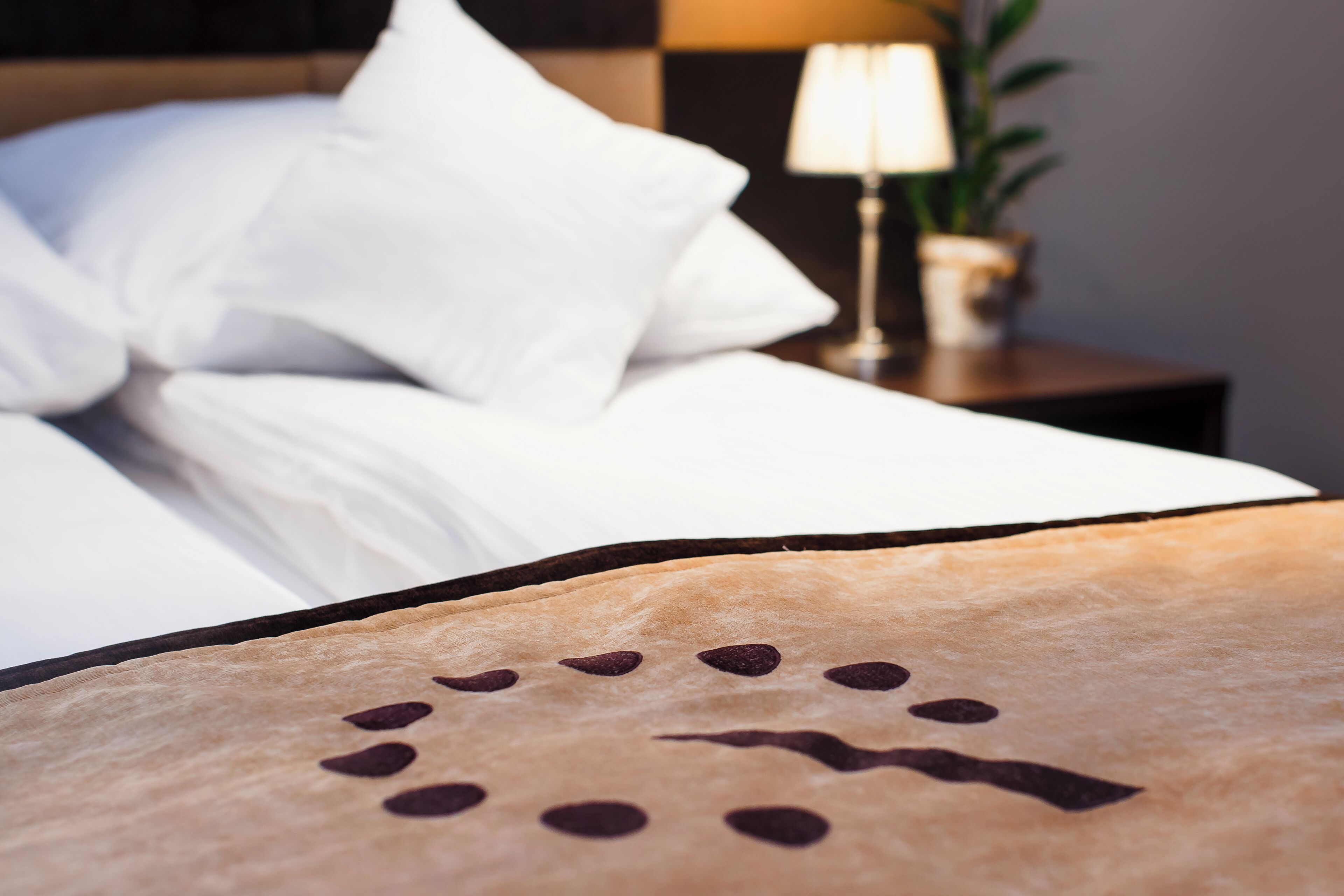 A bed with white pillows and a brown blanket with a circular pattern.