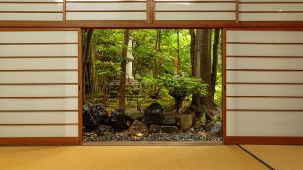 A traditional Japanese room with tatami flooring, a shoji screen door, and a view of a forested area outside. - Gion Ryokan Q-beh - Hostel (Kyoto)
