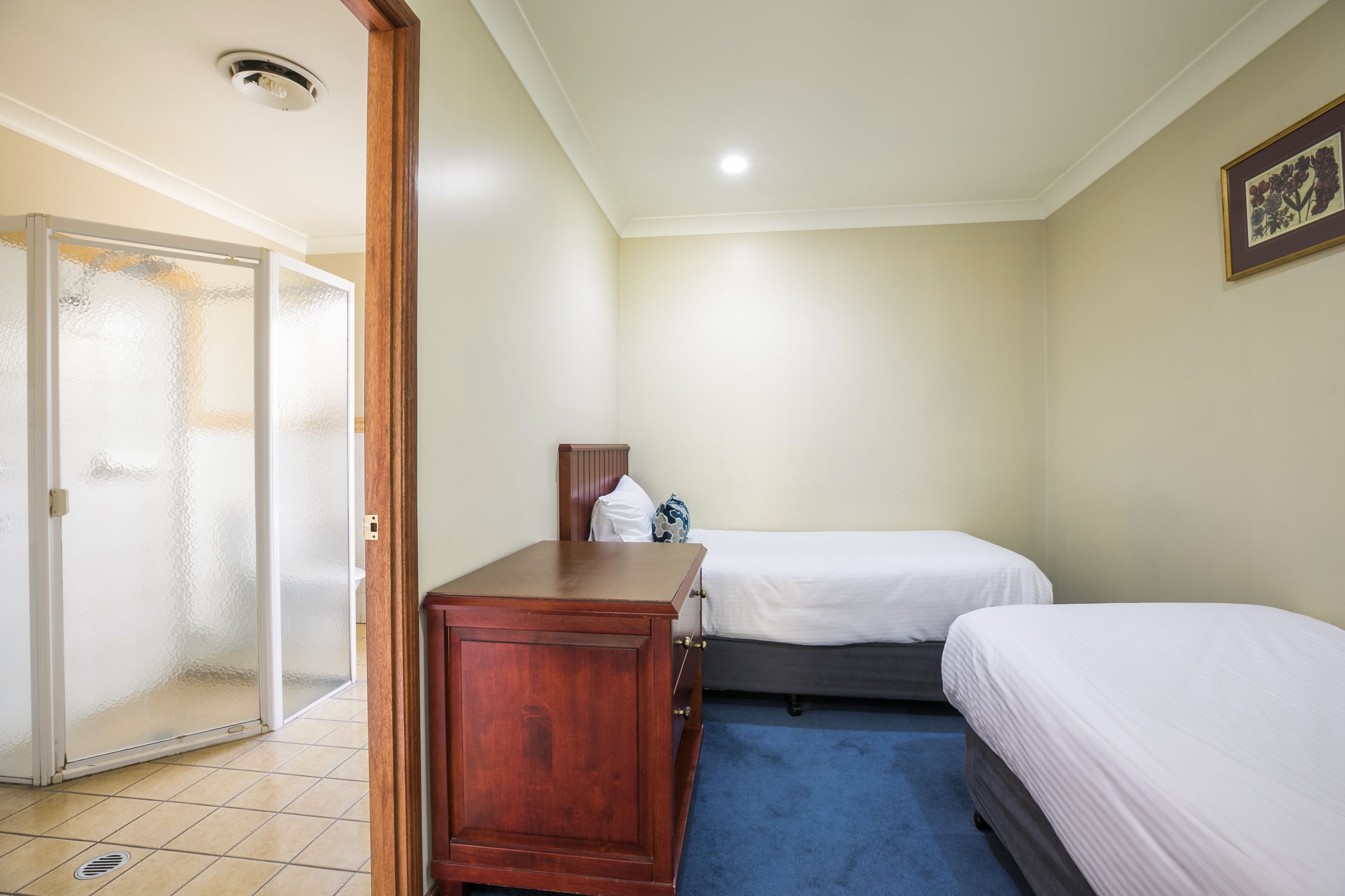 A hotel room with a wooden dresser, two single beds, a blue carpet, a white door, and a ceiling light.
