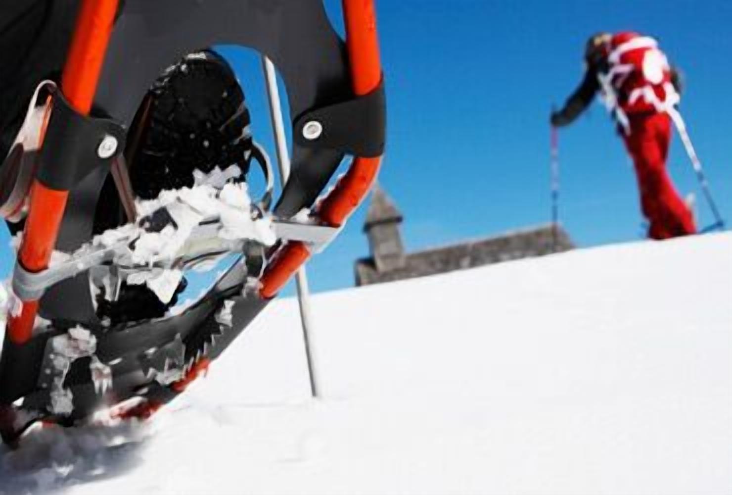 A snowboard with a red and black design, a person in red and white ski gear, and a clear blue sky in the background.