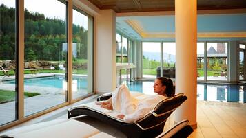 Indoor pool, outdoor pool, sun loungers