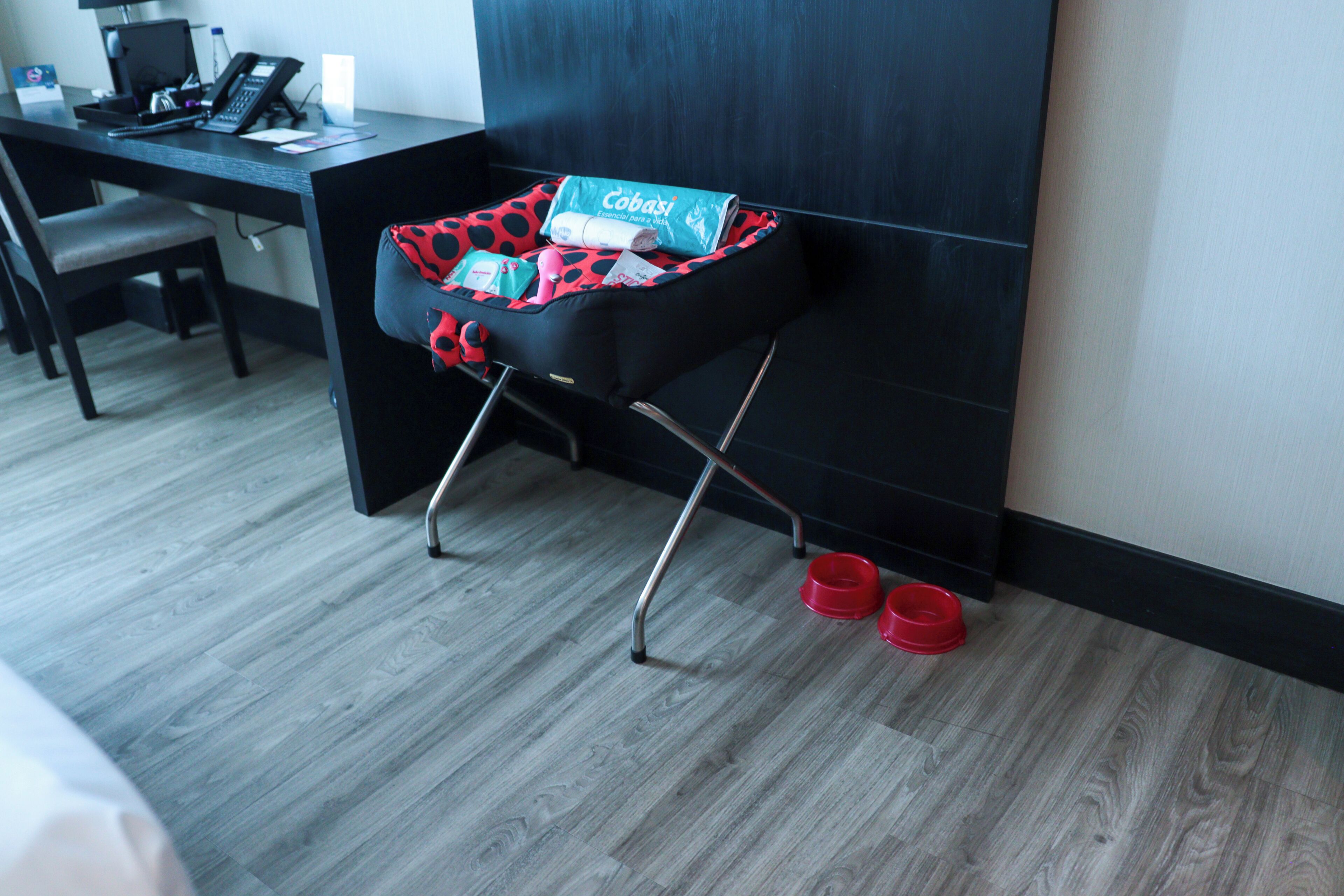A modern hotel room with a black desk, a laptop, a phone, and a red pet bed with a black and red polka dot pattern. There are two red bowls on the floor.