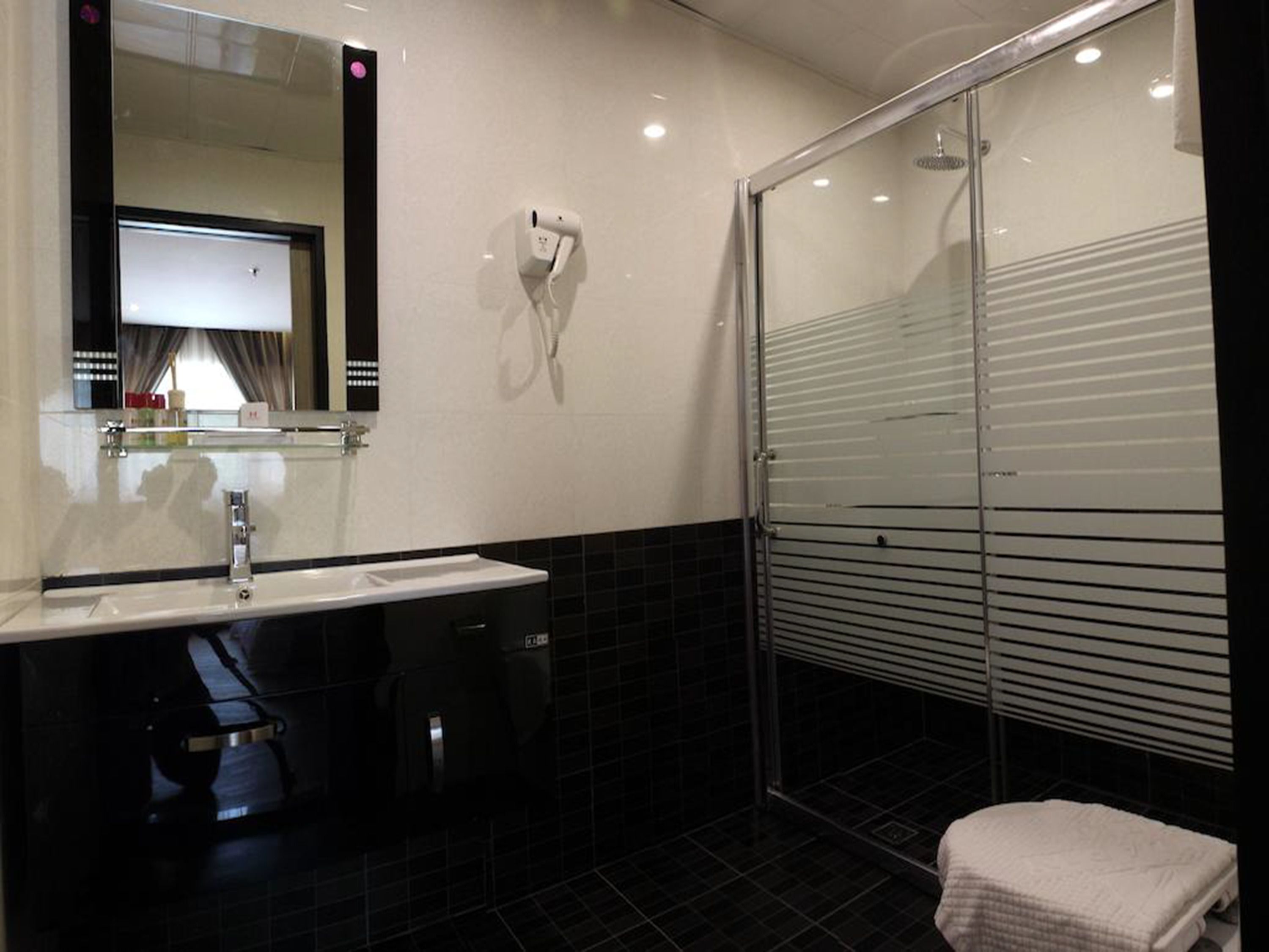 shower, hair dryer, slippers, bidet