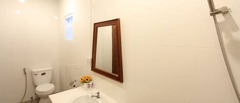 Un baño con inodoro, lavabo, espejo y ducha.