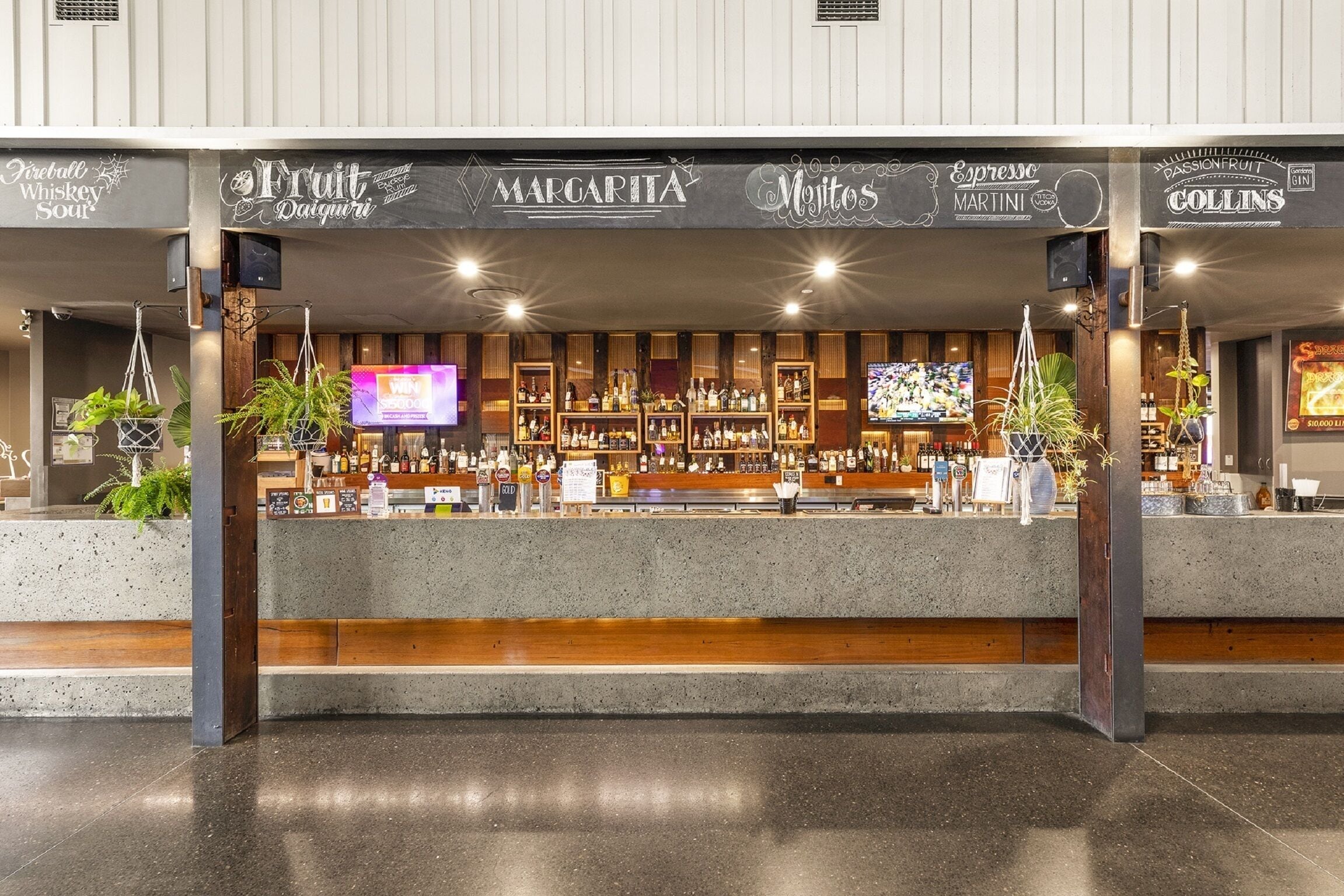 Zona de bar con diversas marcas de licores, una pantalla de televisión y plantas en macetas.