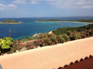 A coastal view with clear blue waters, green vegetation, and distant islands.