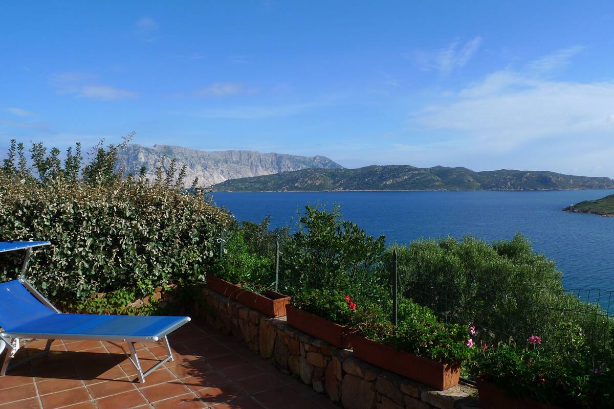 A terrace with a view of the sea, a stone wall, and a blue chair.
