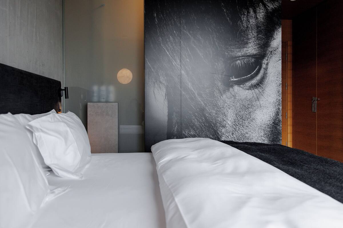 Habitación de hotel con cama, un mural grande en la pared, un armario de madera y una división de vidrio.