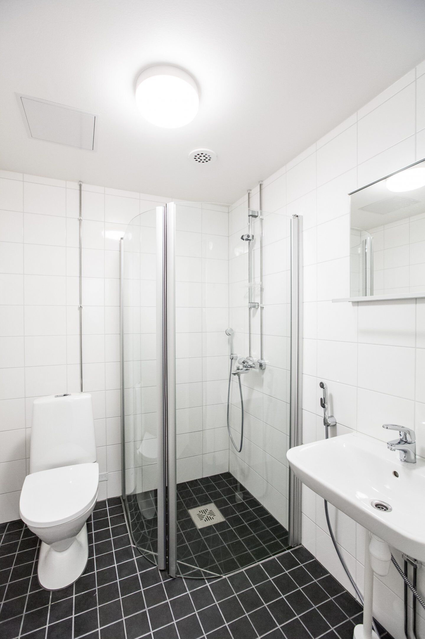 A modern bathroom with a toilet, a glass-enclosed shower, and a sink with a mirror.