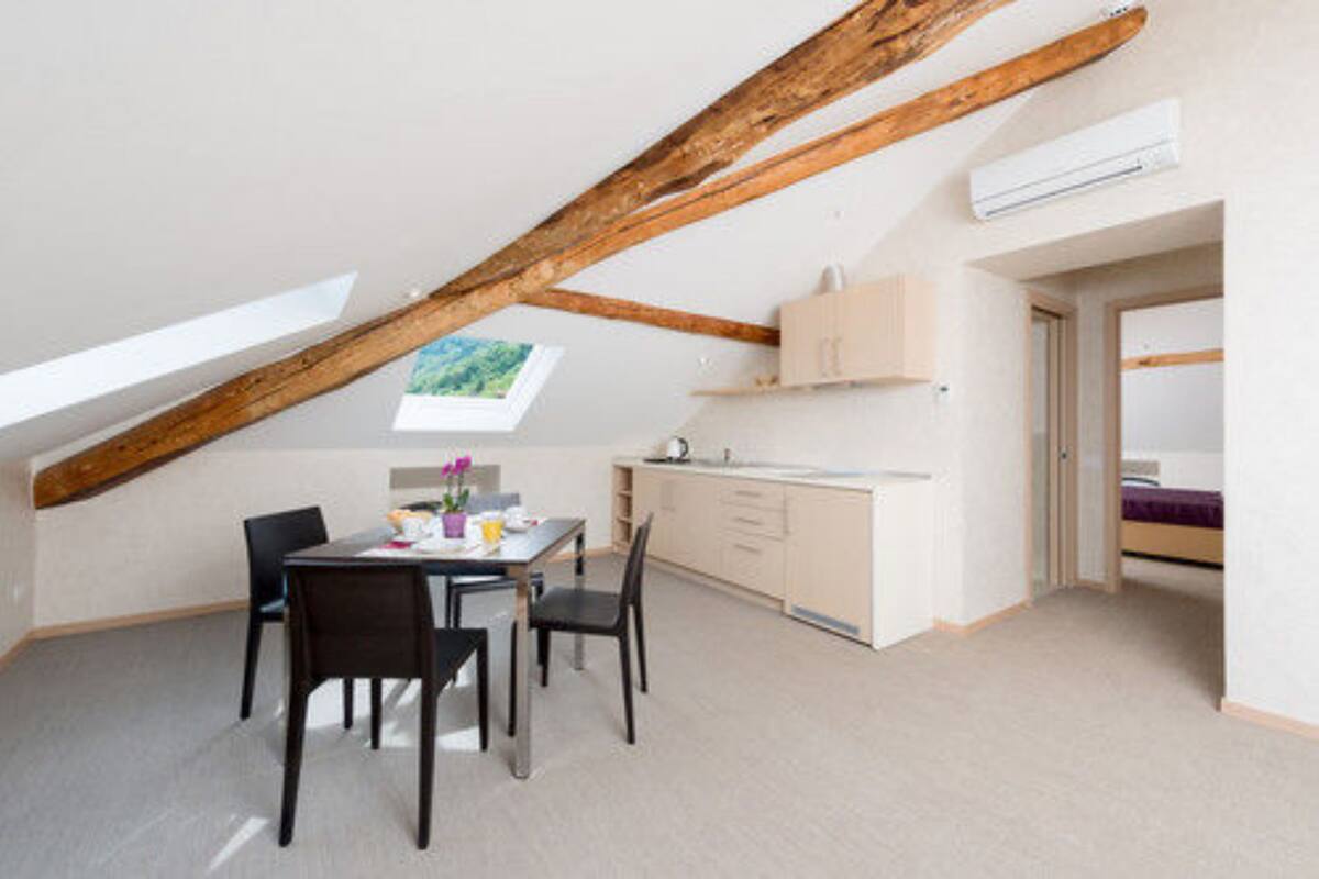 Una cocina compacta con comedor, una ventana con vistas y una cama en la habitación contigua.