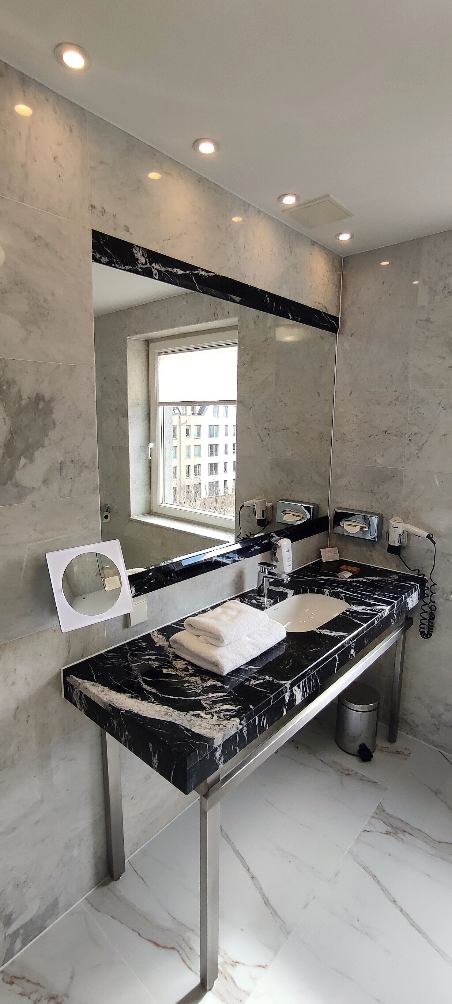 rainfall showerhead, designer toiletries, hair dryer, bathrobes