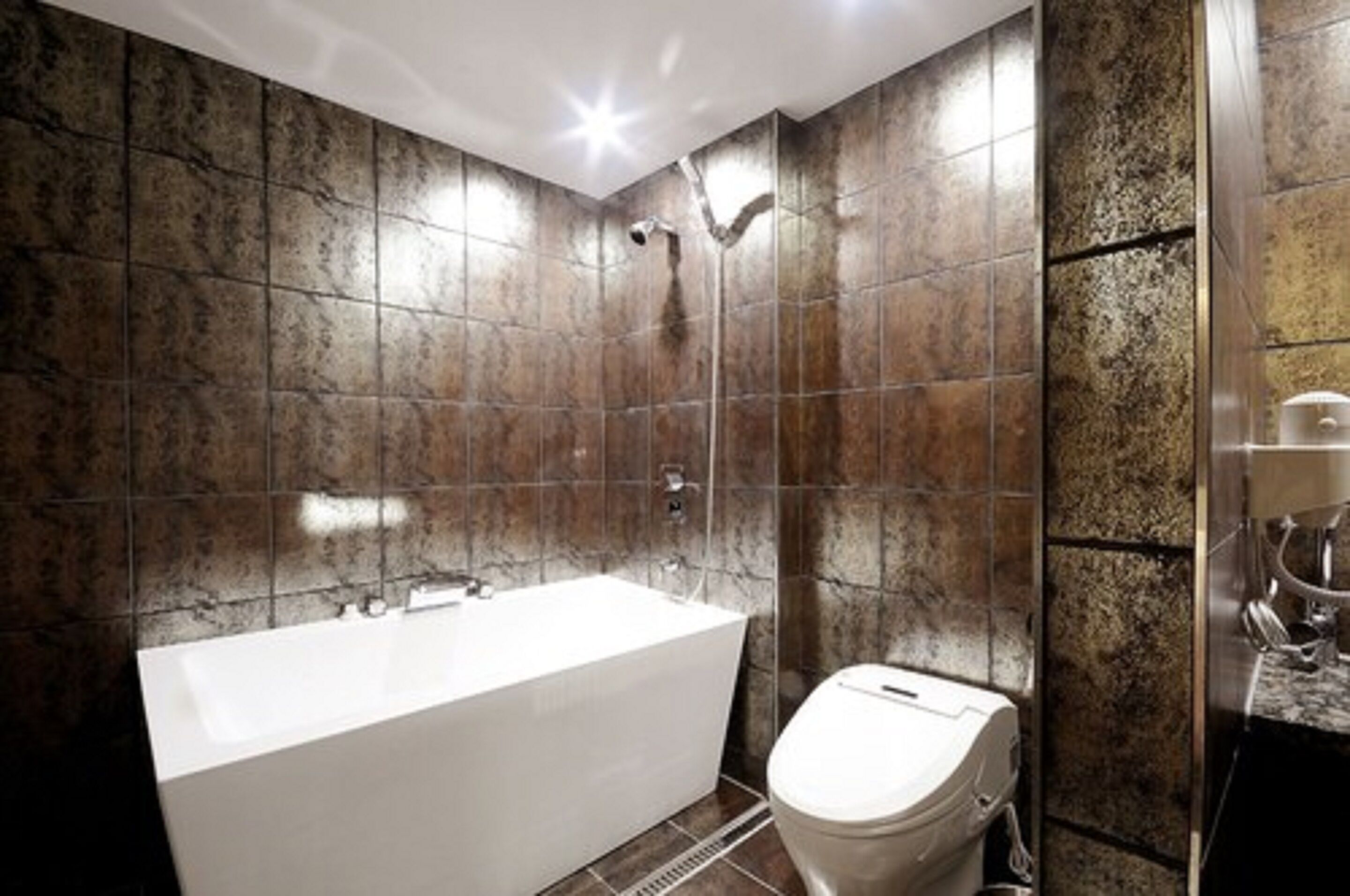 designer toiletries, hair dryer, bathrobes, slippers