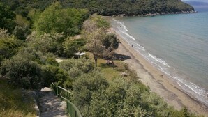 Un paisaje costero con playa, una colina arbolada y cielo despejado.