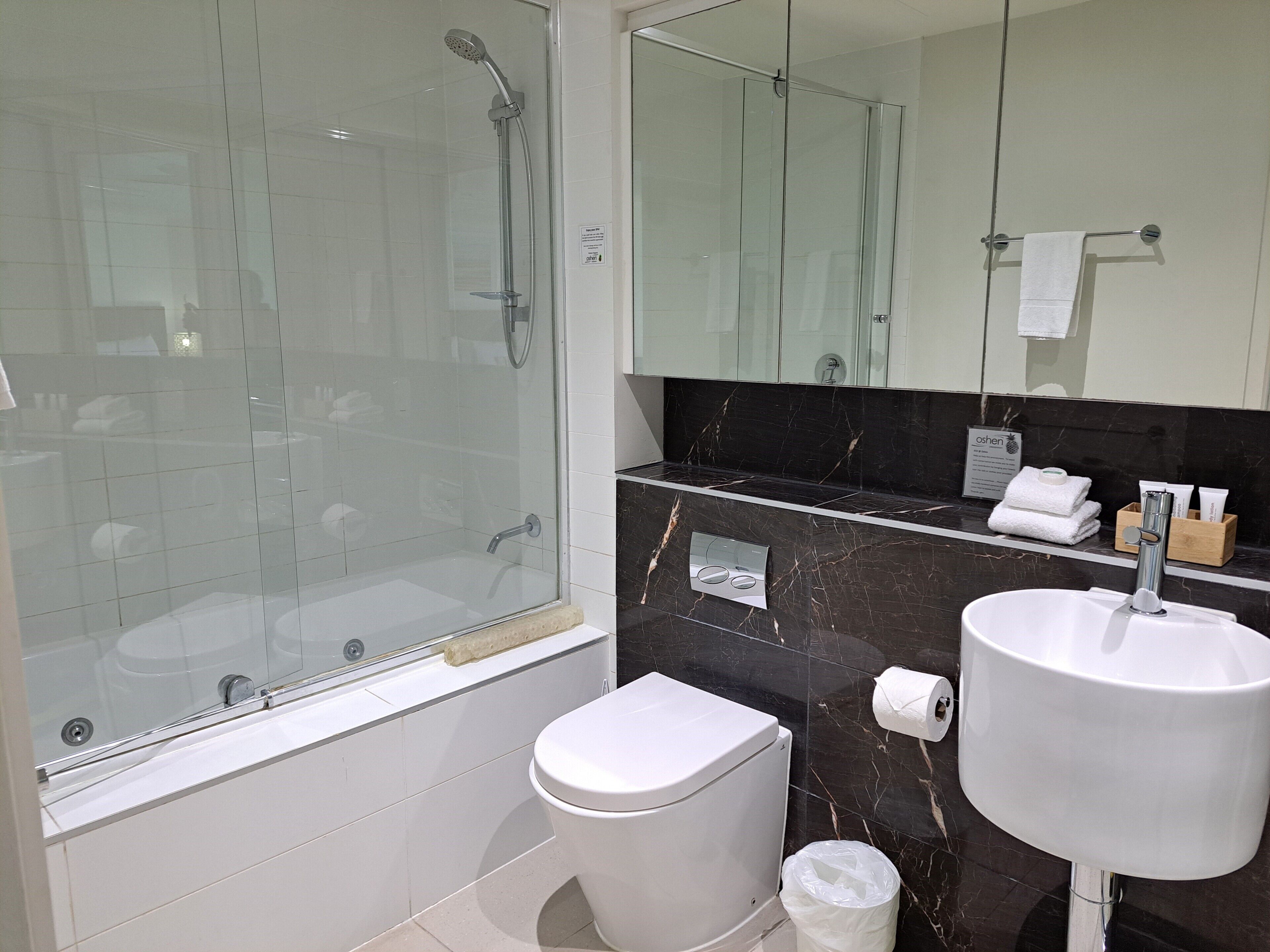 A modern bathroom with a glass-enclosed shower, a white toilet, and a vanity with a sink and mirror.