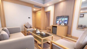 A modern living room with a sofa, armchairs, a coffee table, a TV, and a small kitchenette.