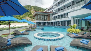 Outdoor pool, open 7 AM to 9:00 PM, pool umbrellas, pool loungers