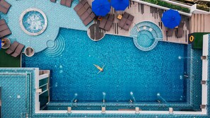 Outdoor pool, open 7 AM to 9:00 PM, pool umbrellas, sun loungers