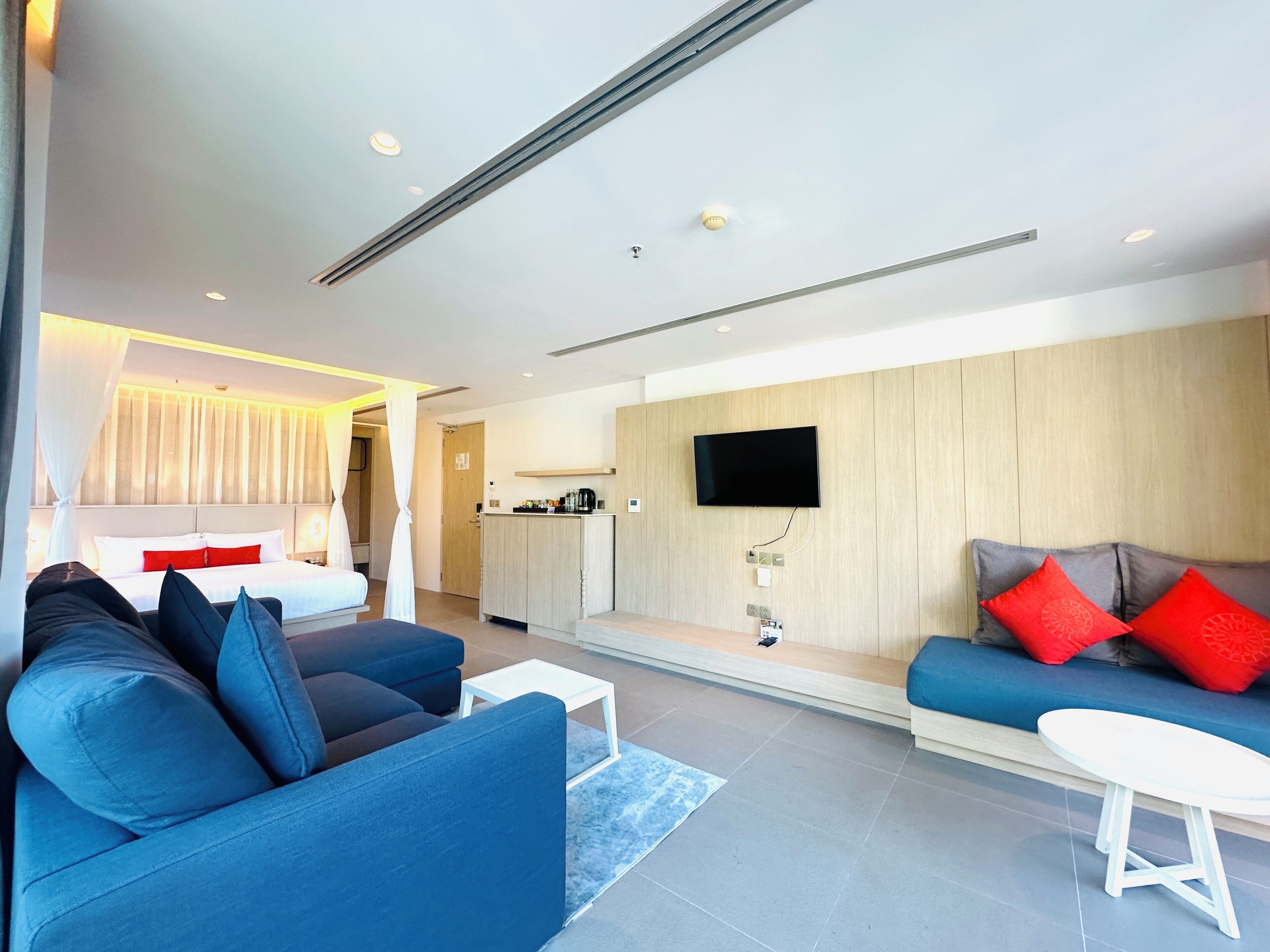 Habitació d'hotel moderna amb sofà, televisió, taula petita i llit amb dosser.