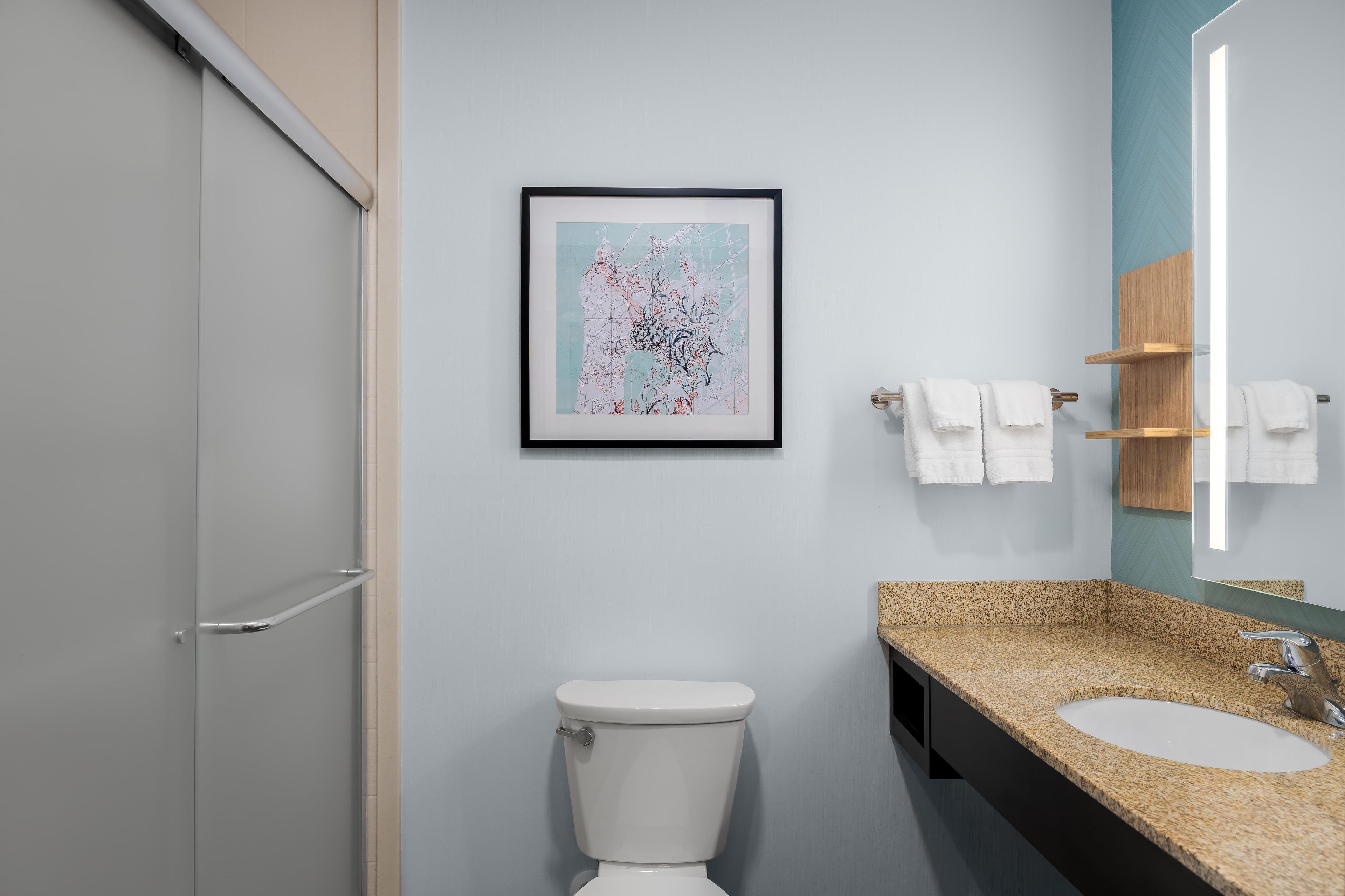 A modern bathroom with a toilet, sink, and framed artwork on the wall.