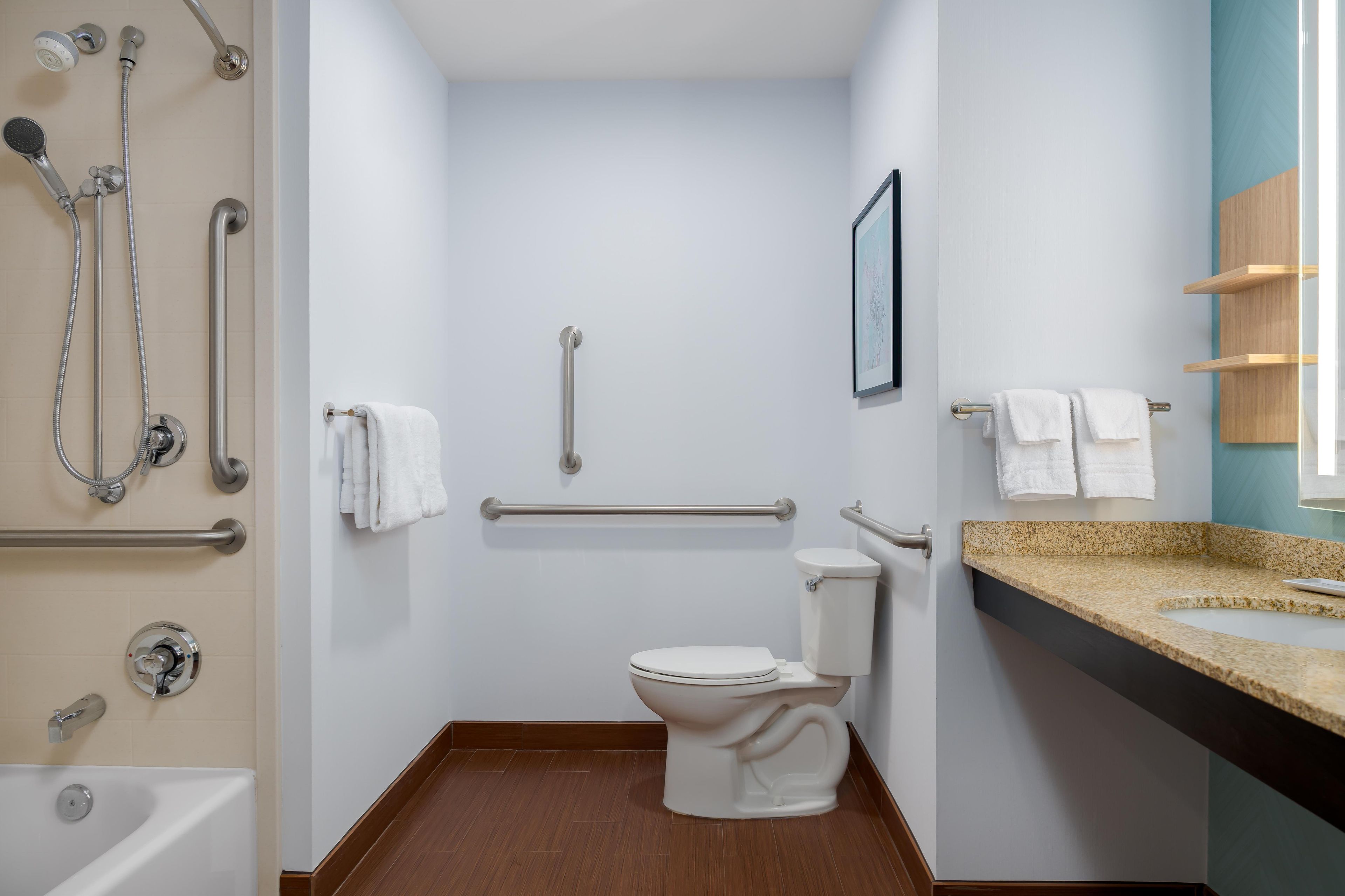 Ein Badezimmer mit Dusche, Toilette, Haltegriffen und einem Waschbecken mit Handtuchhalter.