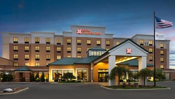 A Hilton Garden Inn with a brick facade, multiple windows, and a flagpole with an American flag.