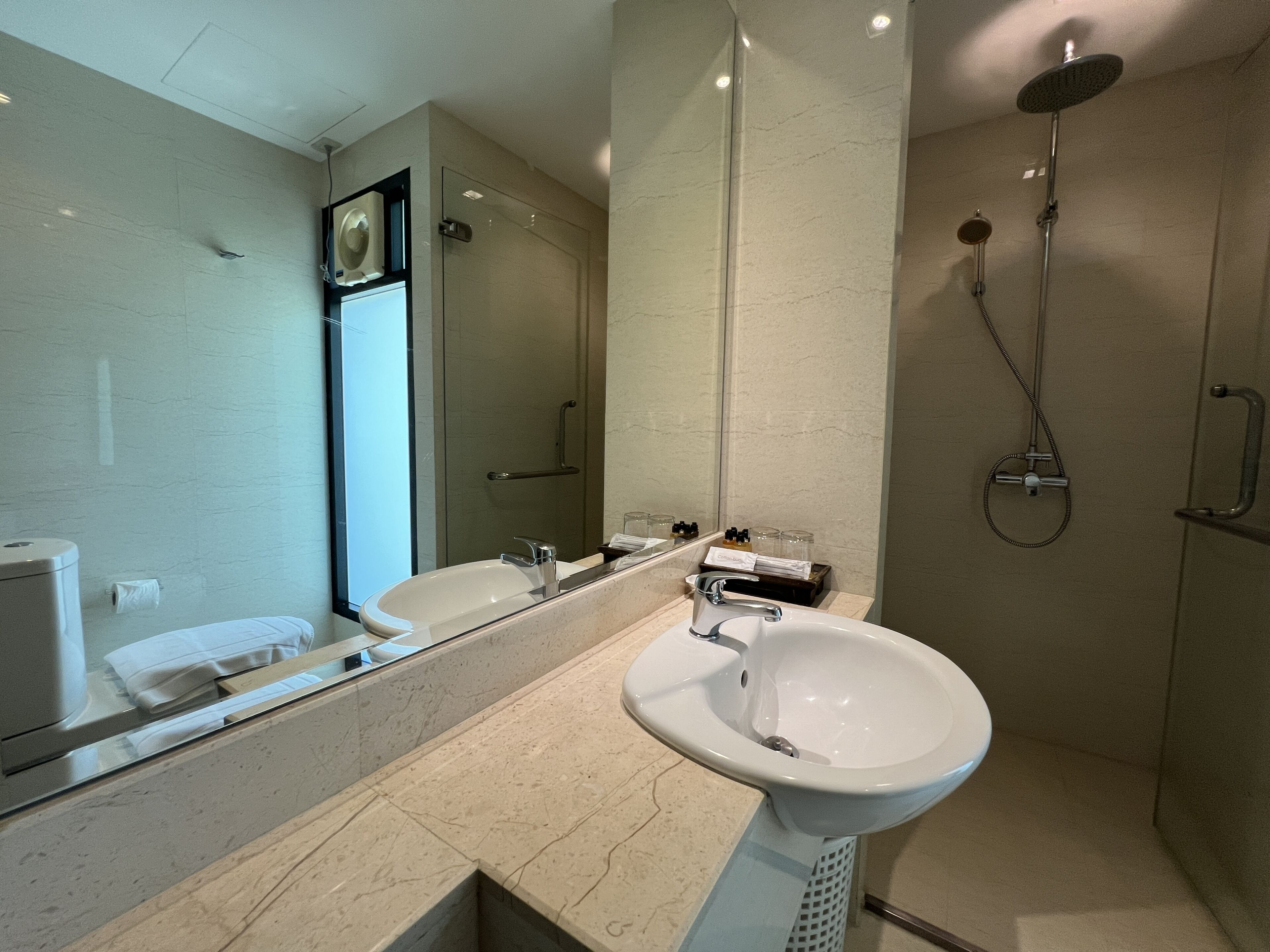 A modern bathroom with a large mirror, two sinks, a shower, and a toilet.