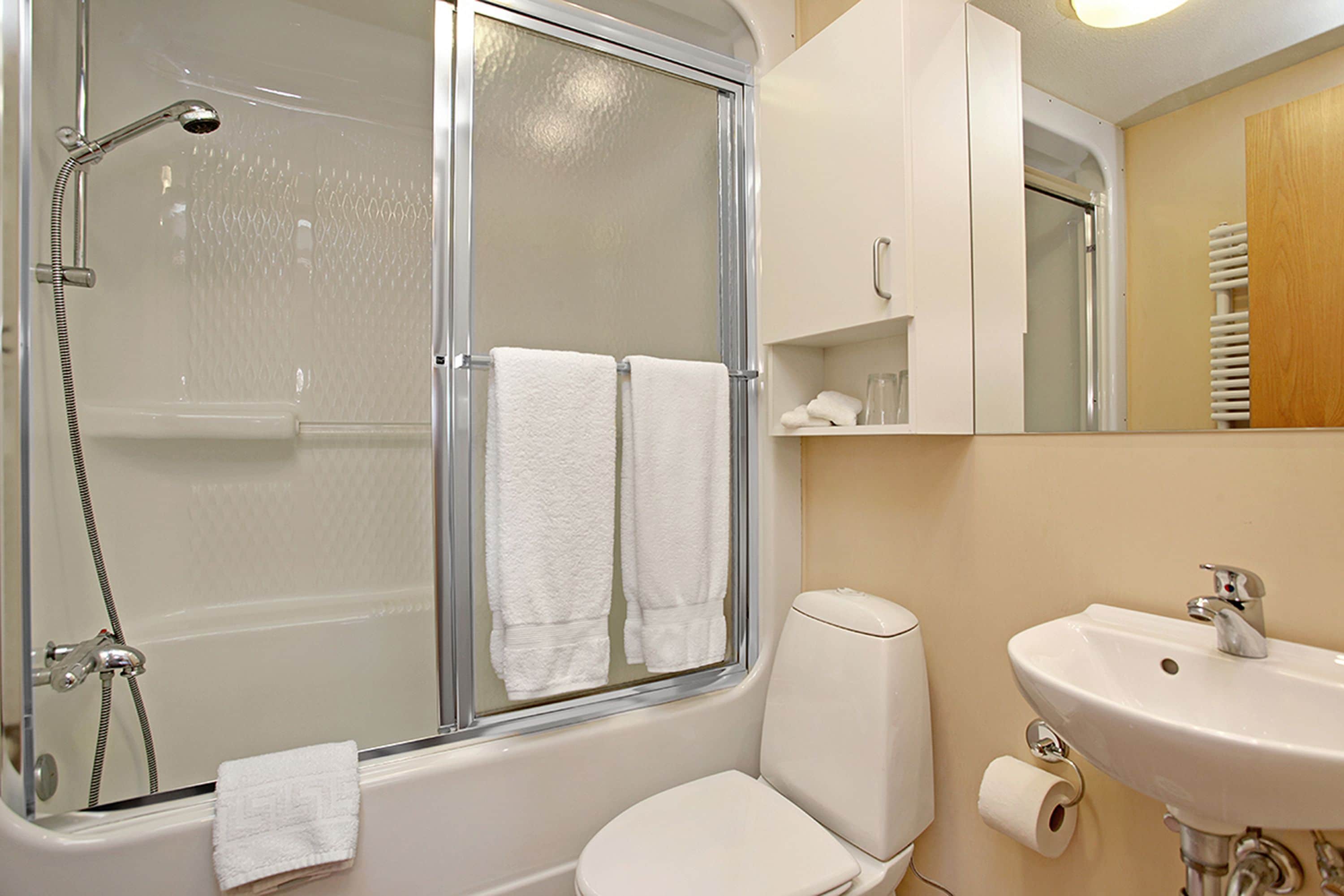 combined shower/bathtub, hair dryer, slippers, towels