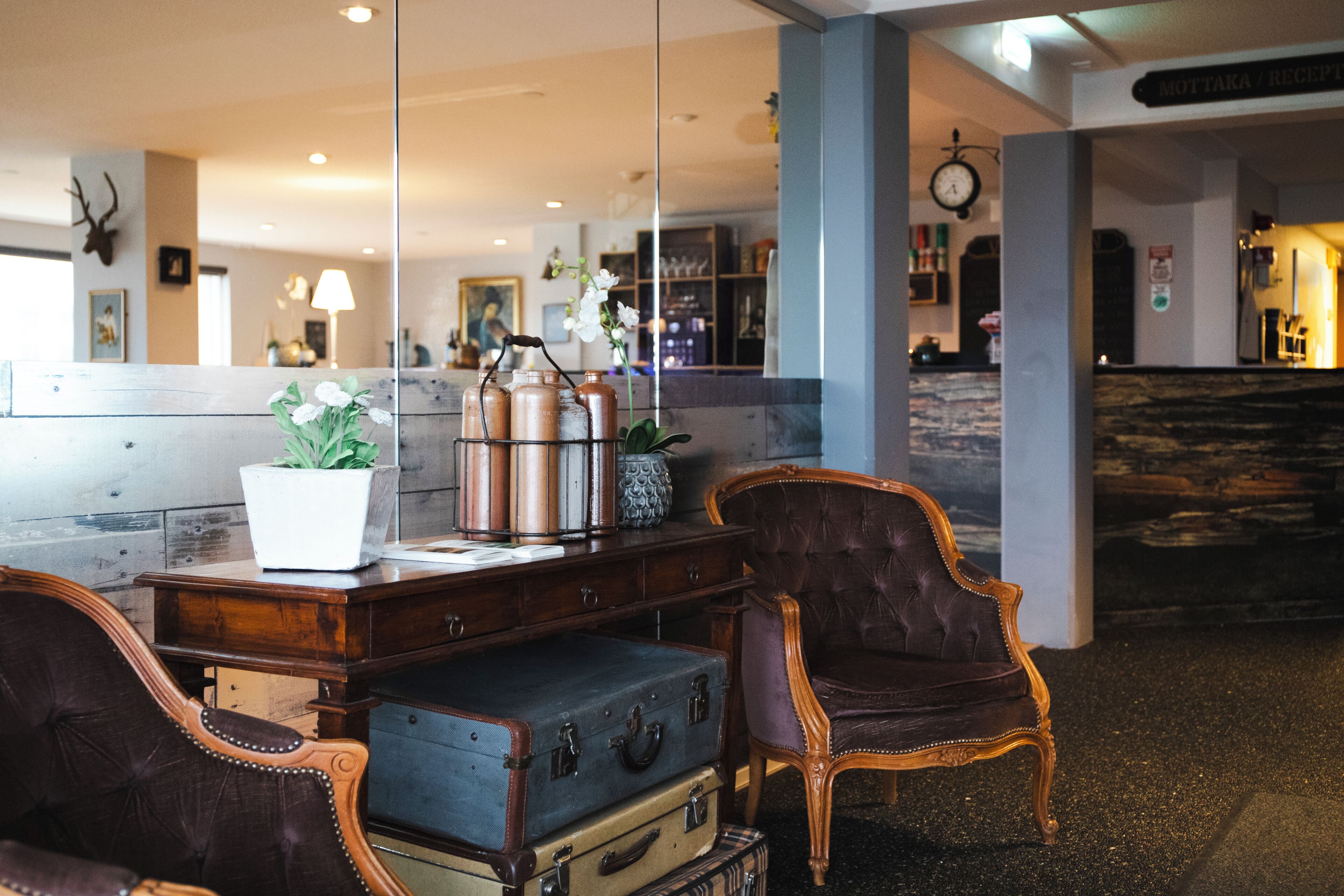 A lobby with a reception desk, a potted plant, vintage suitcases, and a dark upholstered chair.