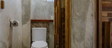 Un baño pequeño y estrecho con un inodoro, una puerta de madera y una ventana.