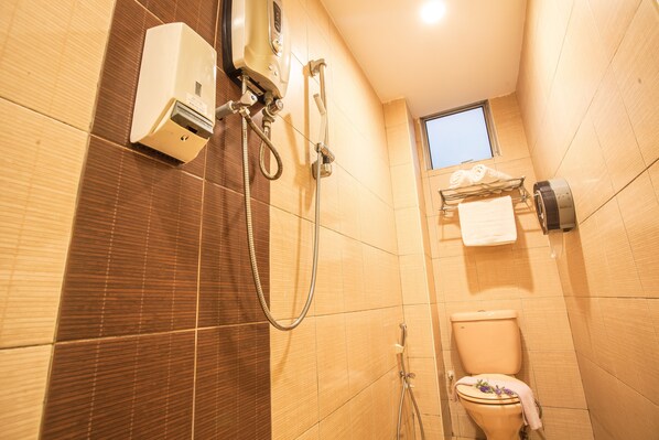 A bathroom with a shower, toilet, and a small window.
