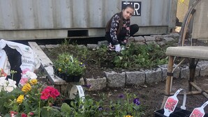 A garden with various plants and flowers, a person tending to the plants, and a chair in the background. - Arkadia Hotel & Hostel (Helsinki)