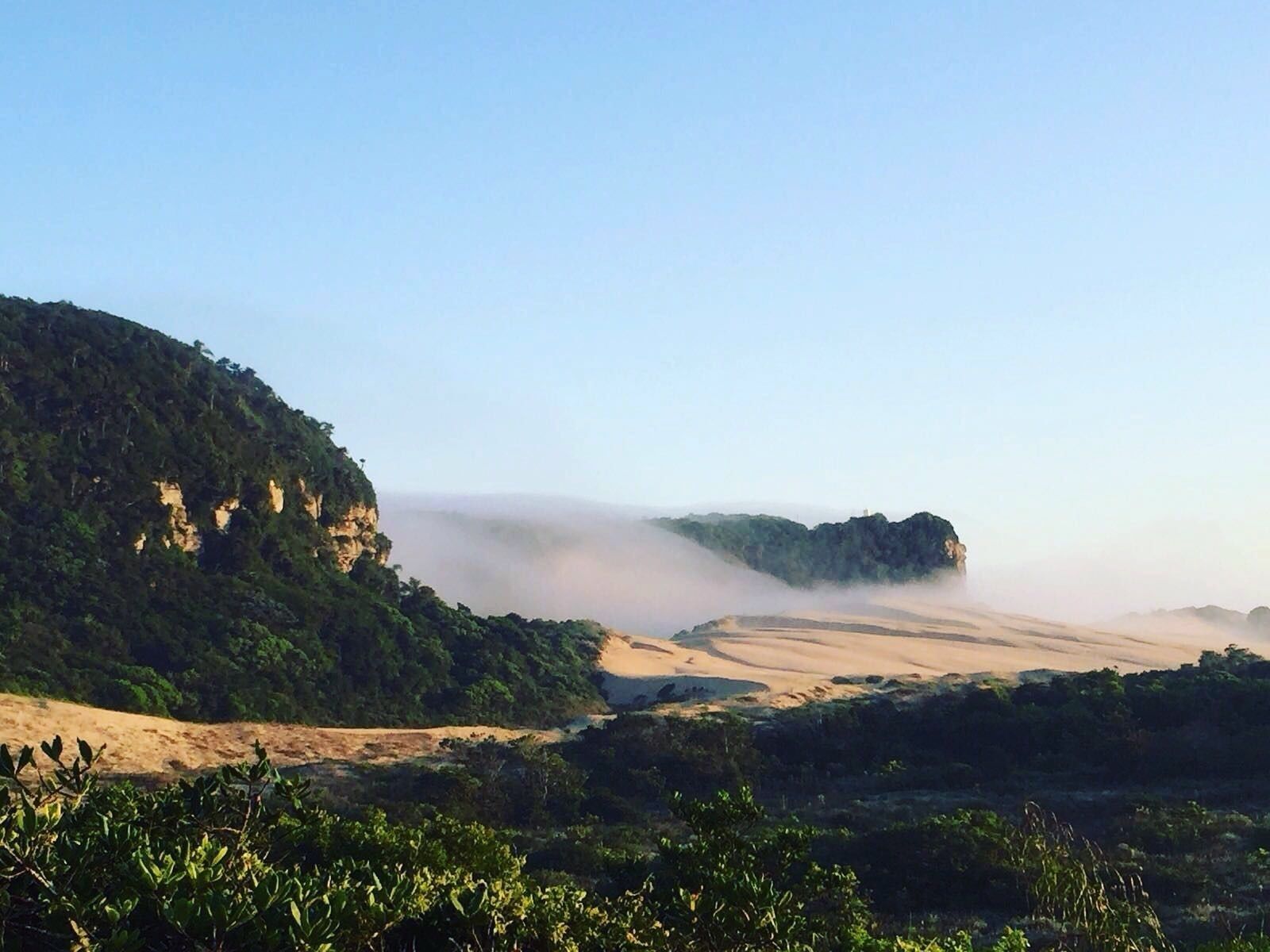 Un paisaje natural con un valle, acantilados y una zona boscosa.