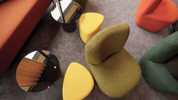 A collection of colorful, textured objects with a reflective surface, possibly for decorative or functional purposes.