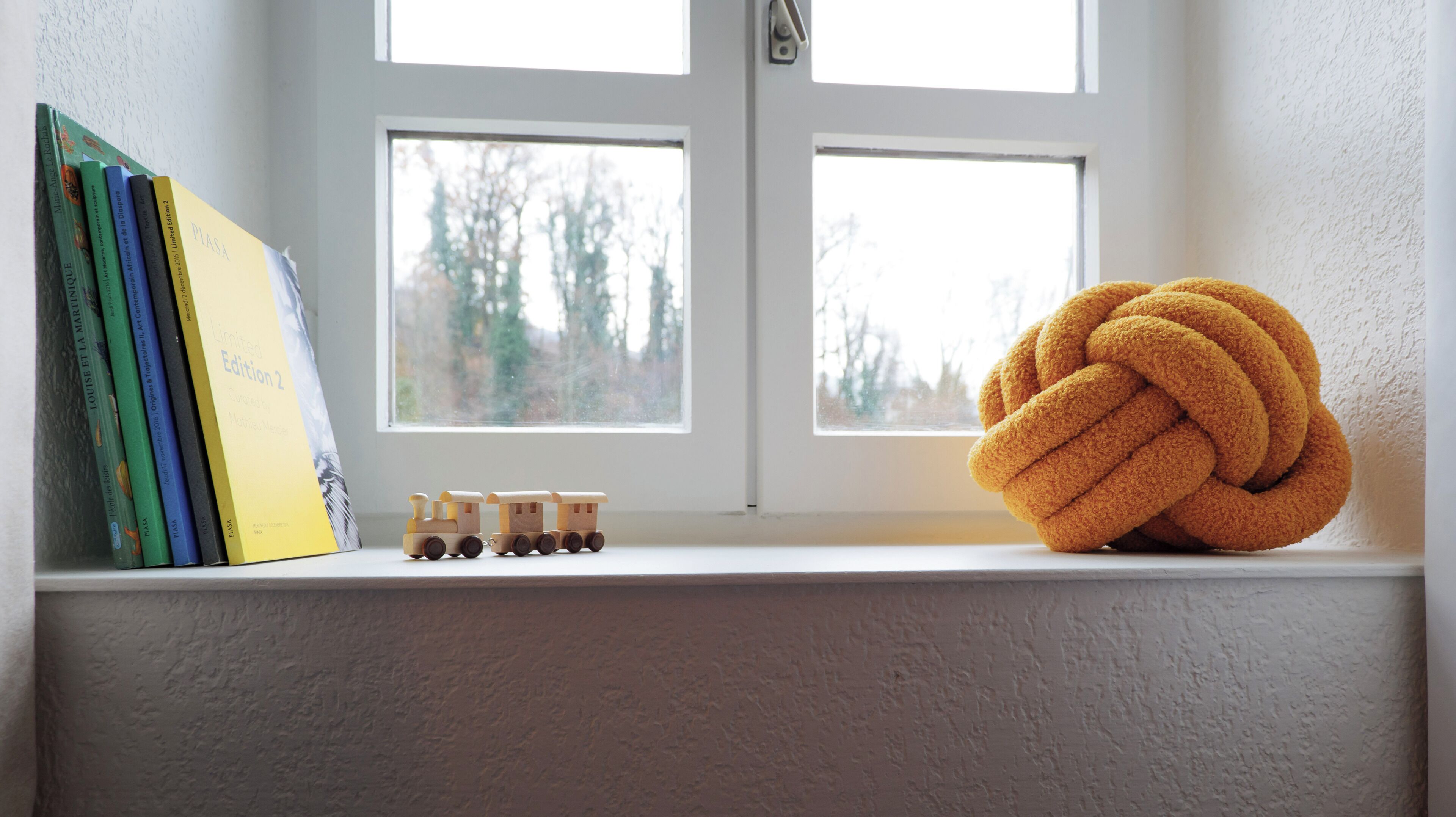A window sill with books, a toy train, and a knotted yellow object.