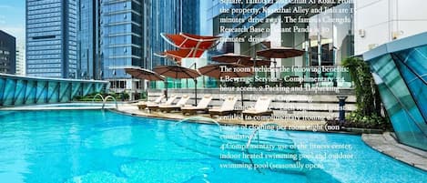 Indoor pool, seasonal outdoor pool, pool umbrellas, pool loungers
