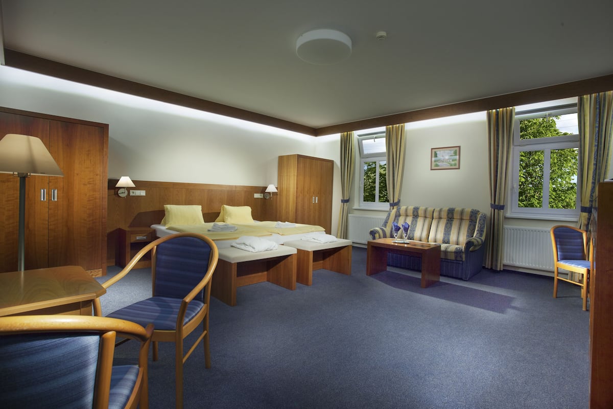 Une chambre d’hôtel comprenant un lit, deux tables de chevet, un canapé, une chaise et un bureau.