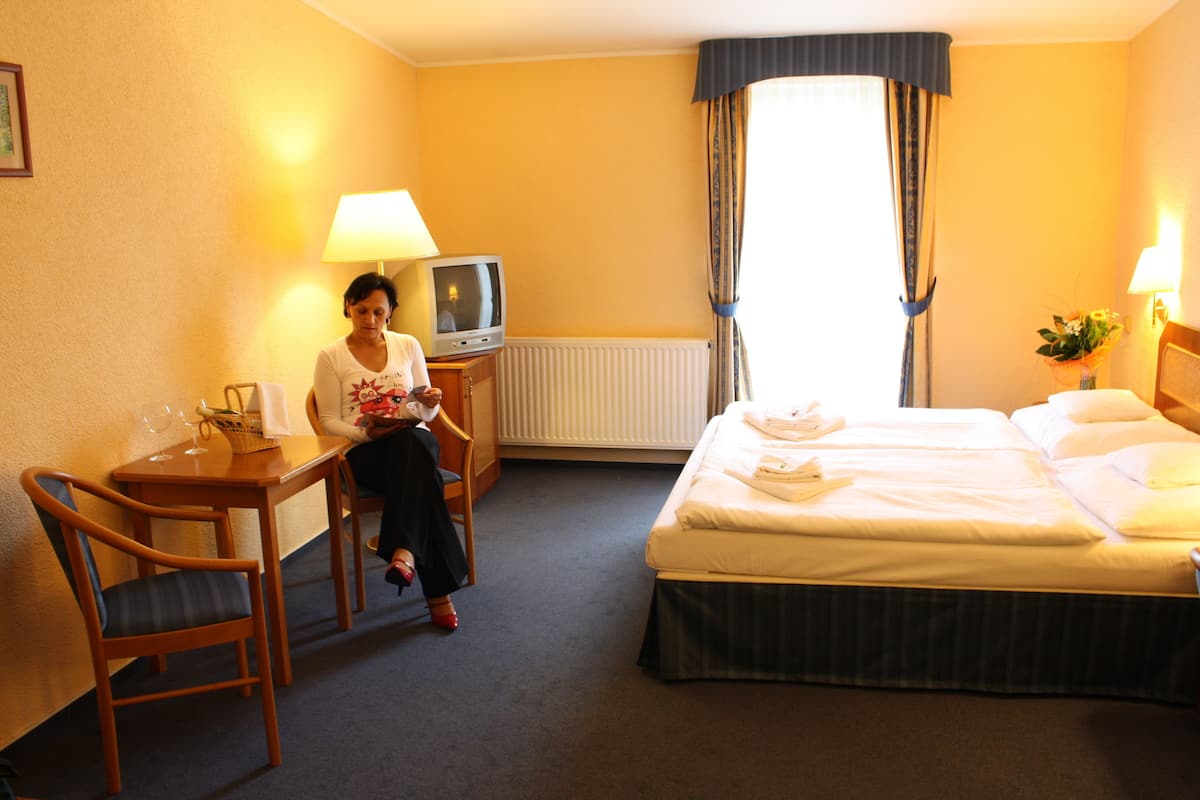 Une chambre d’hôtel avec un lit, un bureau avec une télévision, une chaise et une lampe.