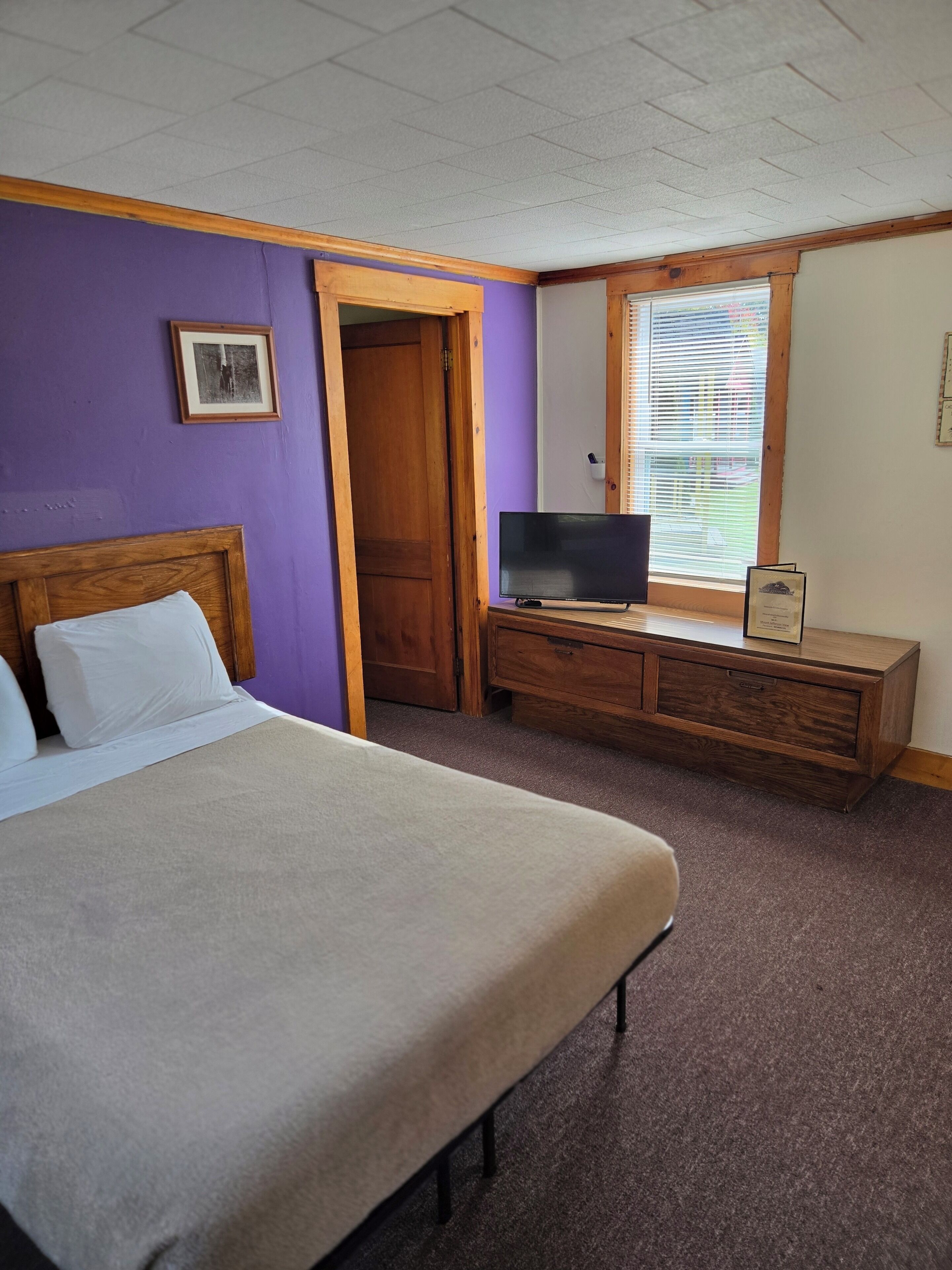 A bedroom with a bed, a dresser, a television, and a window with blinds.