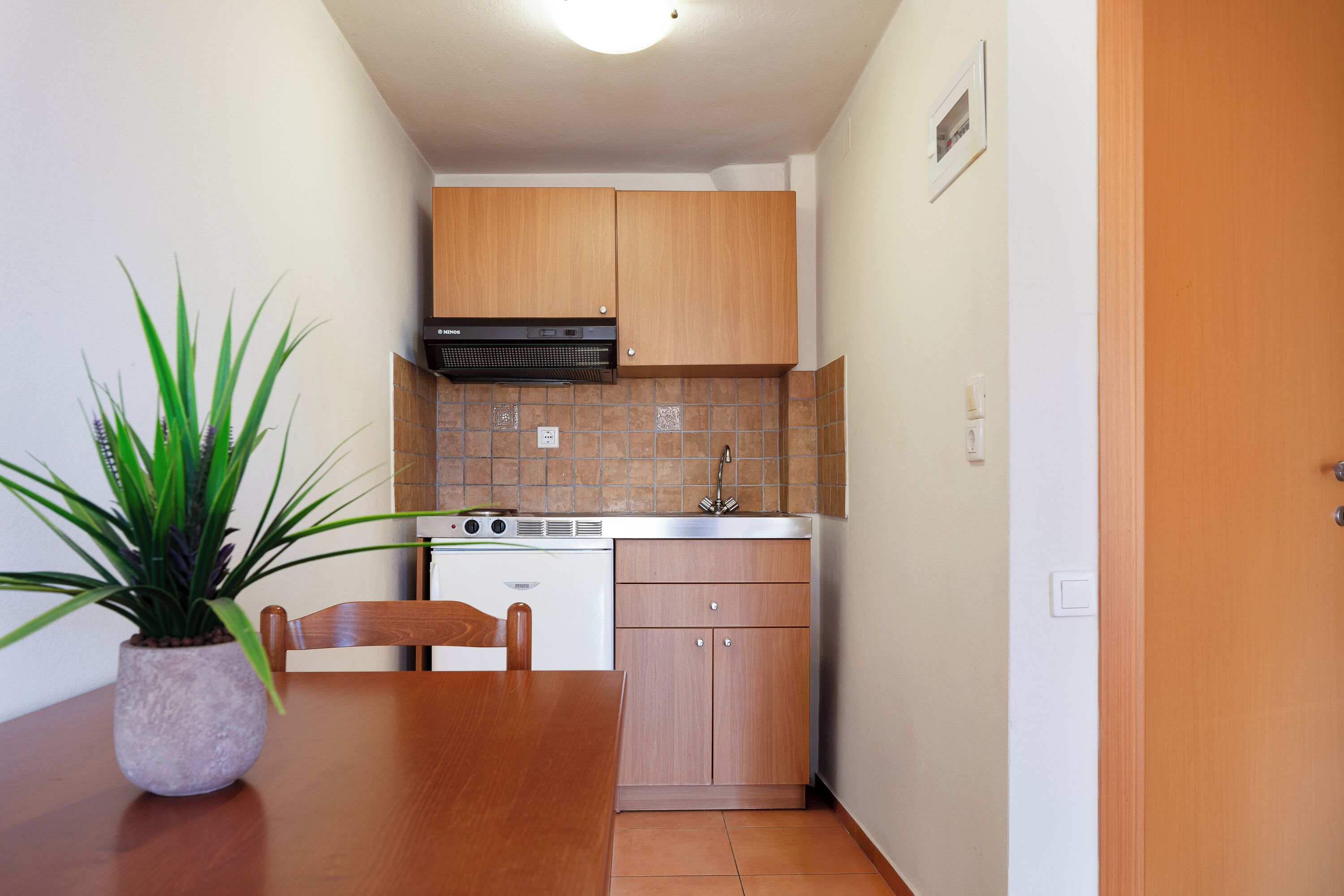 A compact kitchen with wooden cabinets, a built-in stove, and a potted plant on the table.