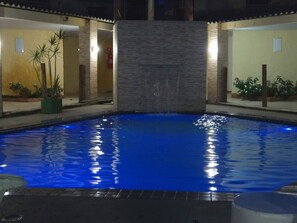 Outdoor pool, pool umbrellas, pool loungers