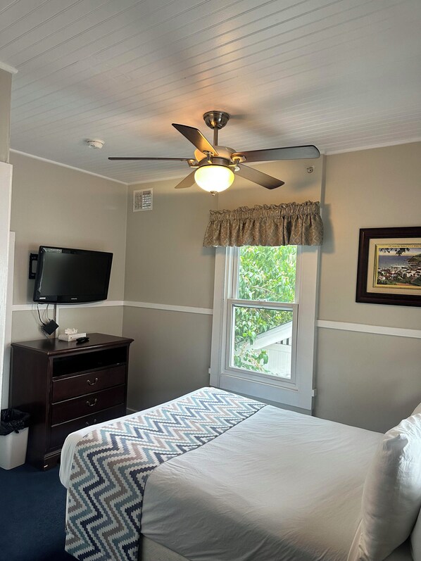 A bedroom with a bed, a ceiling fan, a television on a dresser, and a window with a view of greenery.