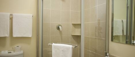 A bathroom with a glass shower enclosure, a toilet, and a sink.