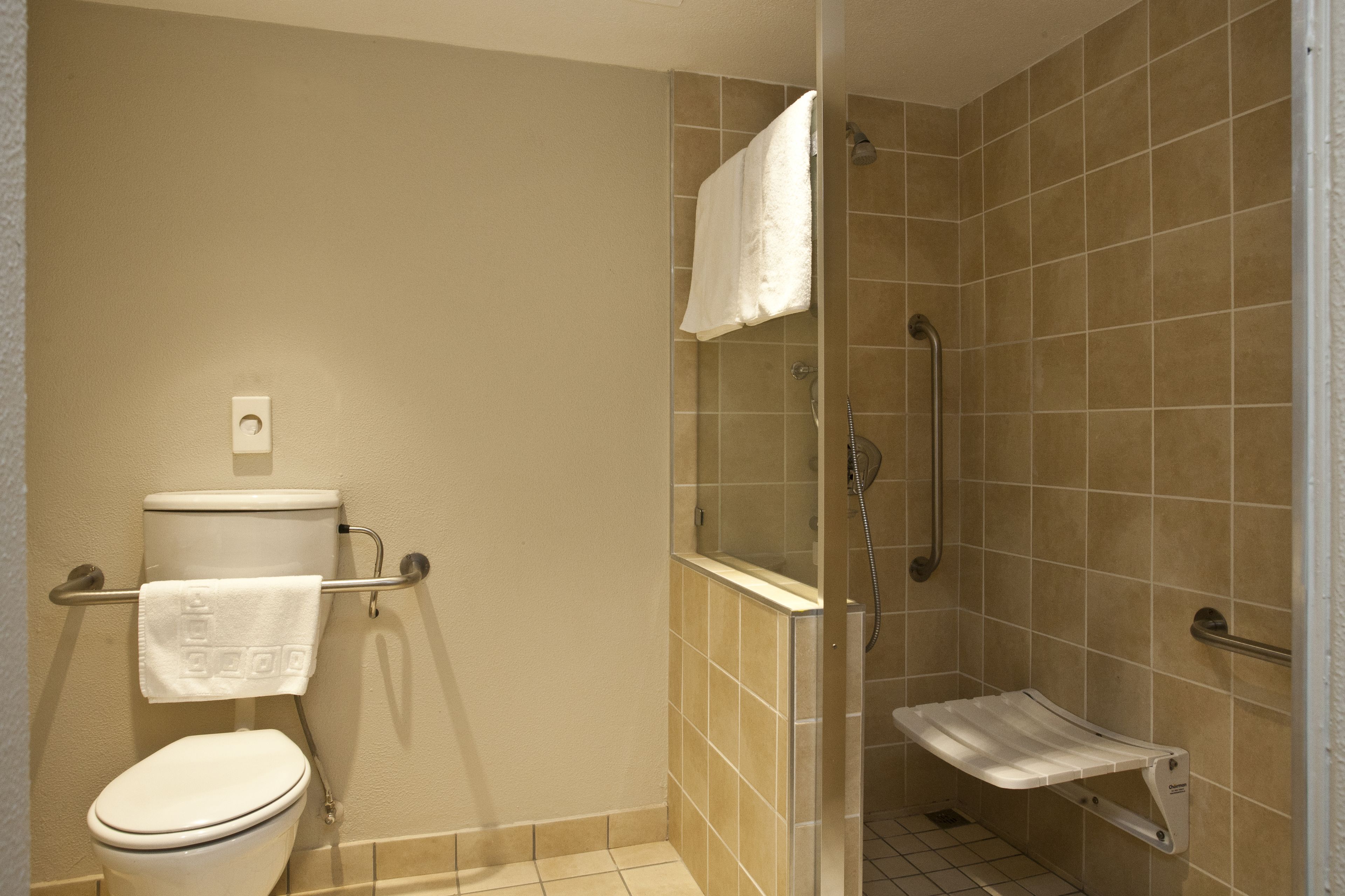 Ein Badezimmer mit Toilette, Duschkabine und Haltegriff.