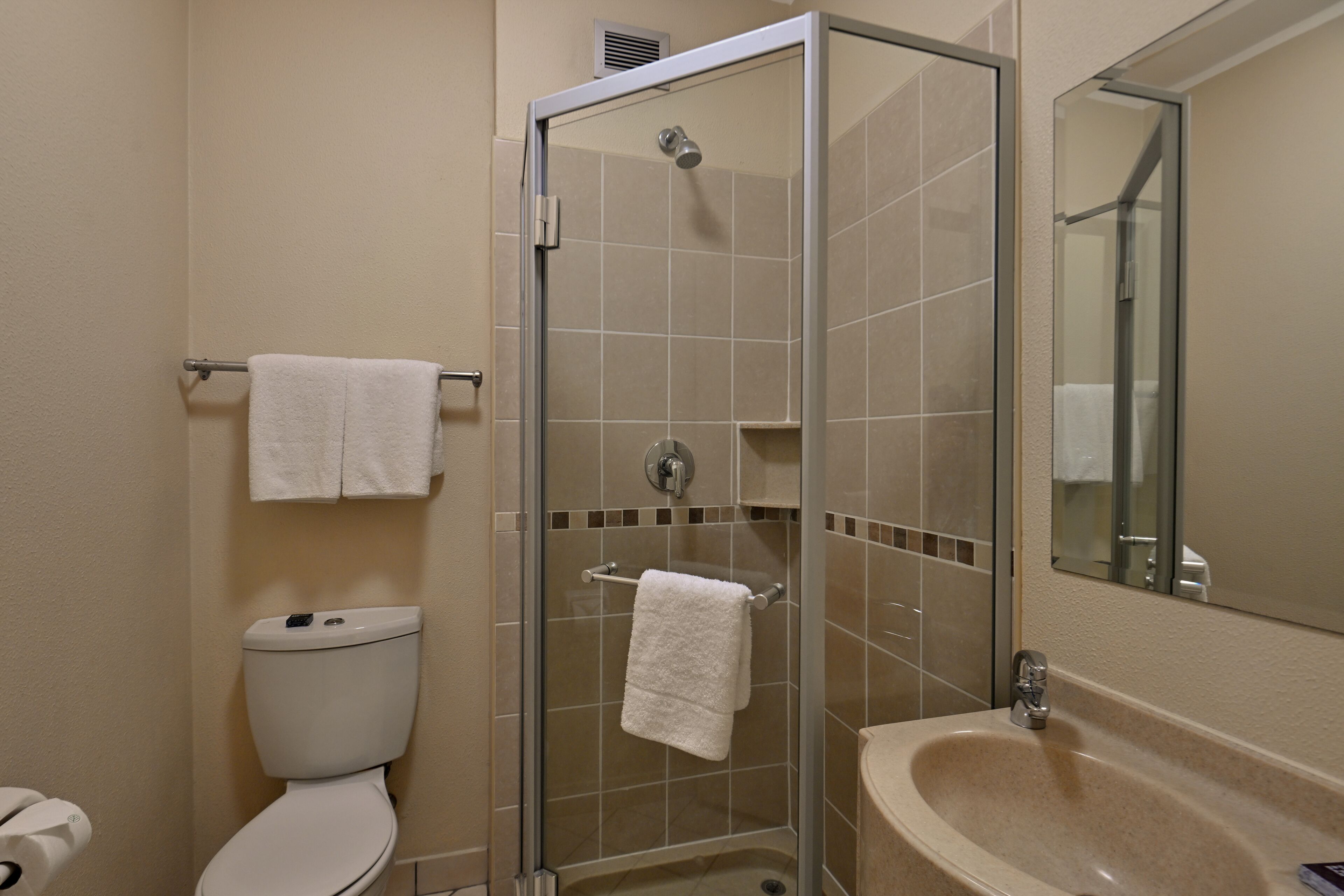 Une salle de bain comprenant des toilettes, une douche fermée par des parois de verre et un lavabo.