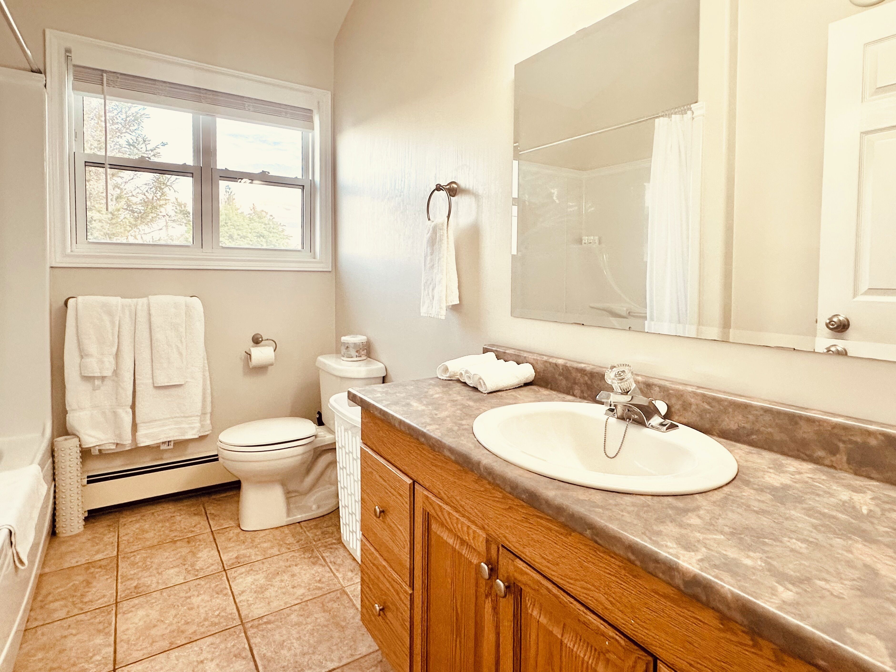 A bathroom with a toilet, sink, mirror, and window.