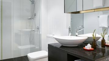 Shower, free toiletries, hair dryer, towels