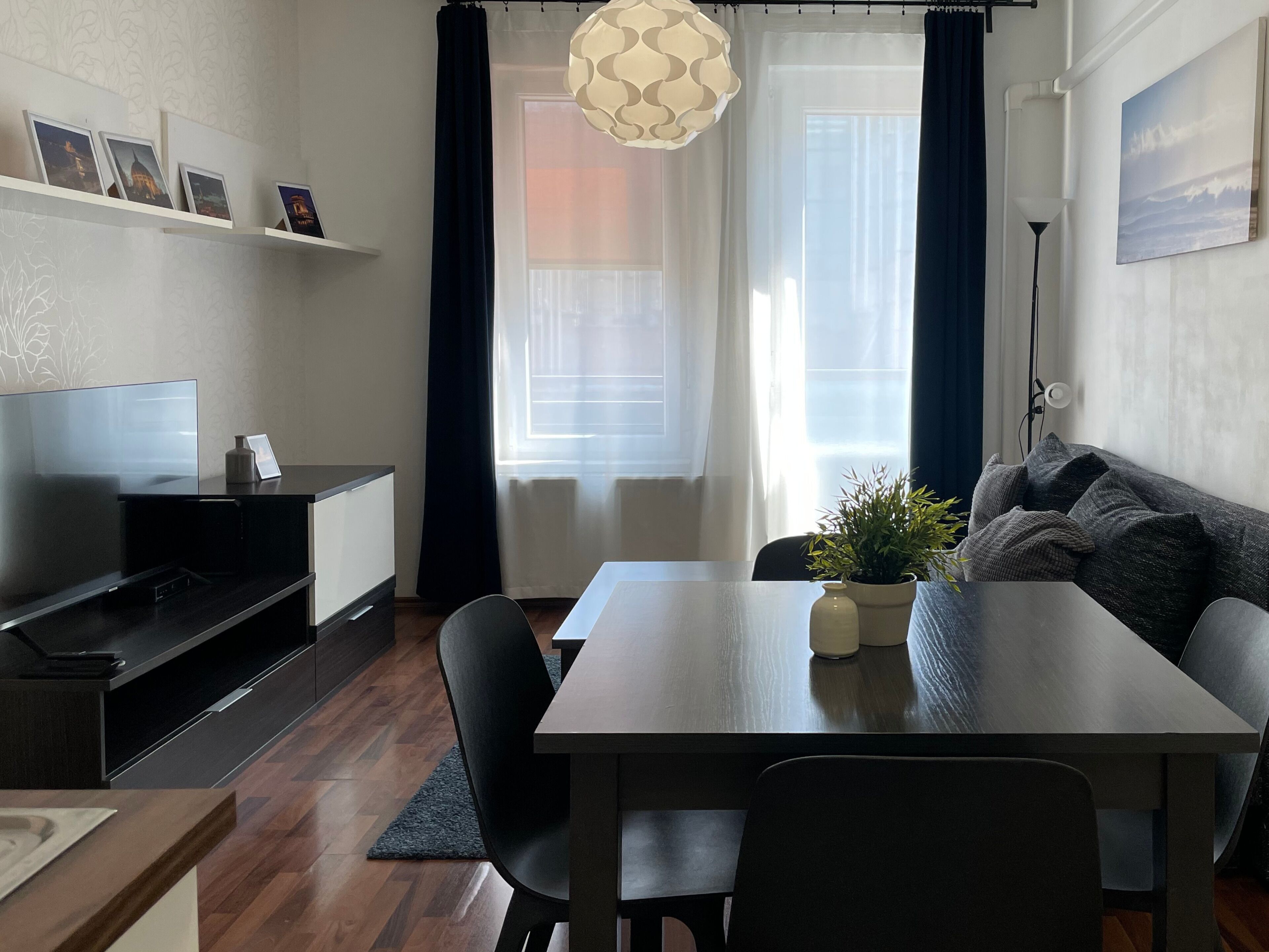 A modern living room with a dining table, black chairs, a sofa, a TV, and a potted plant.